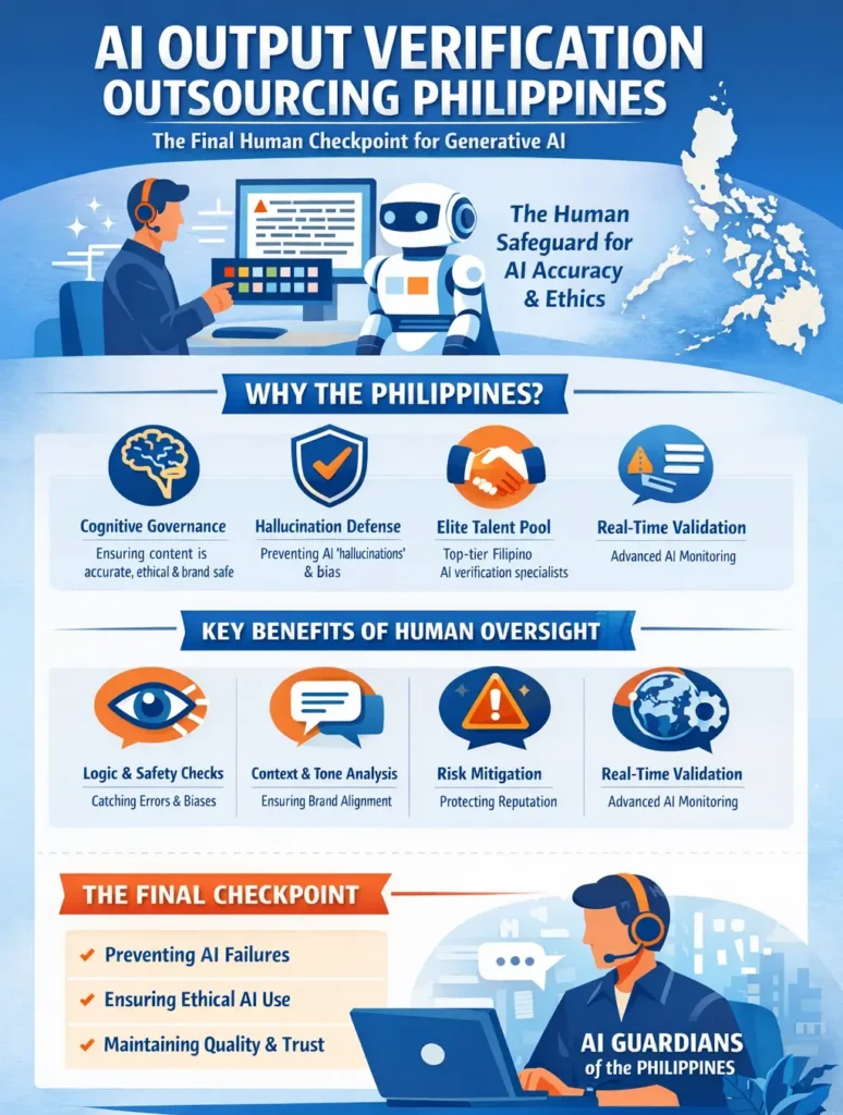 Infographic titled “AI Output Verification Outsourcing Philippines: The Final Human Checkpoint for Generative AI,” showing a Filipino AI specialist reviewing AI outputs alongside a robot, with sections explaining cognitive governance, hallucination defense, elite talent pool, real-time validation, and the role of human oversight in ensuring safe, accurate, and brand-aligned generative AI content.