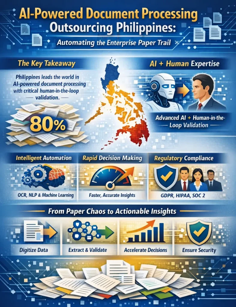 Infographic showing AI-powered document processing outsourcing in the Philippines, highlighting how OCR, NLP, and machine learning combined with human-in-the-loop validation convert unstructured documents into accurate, compliant, and actionable enterprise insights.