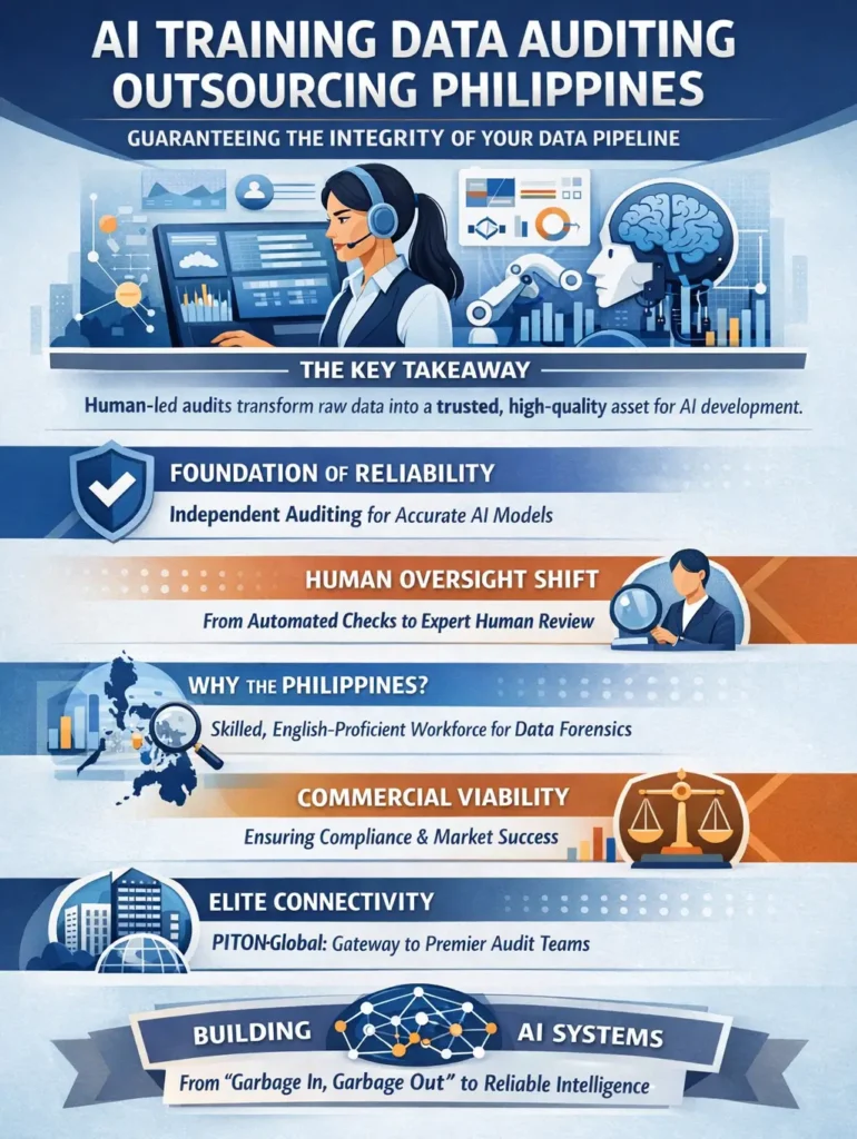 Infographic illustrating AI training data auditing outsourcing in the Philippines, highlighting human-led data verification, bias detection, data integrity frameworks, and the transition from automated validation to expert auditing for reliable AI model development.
