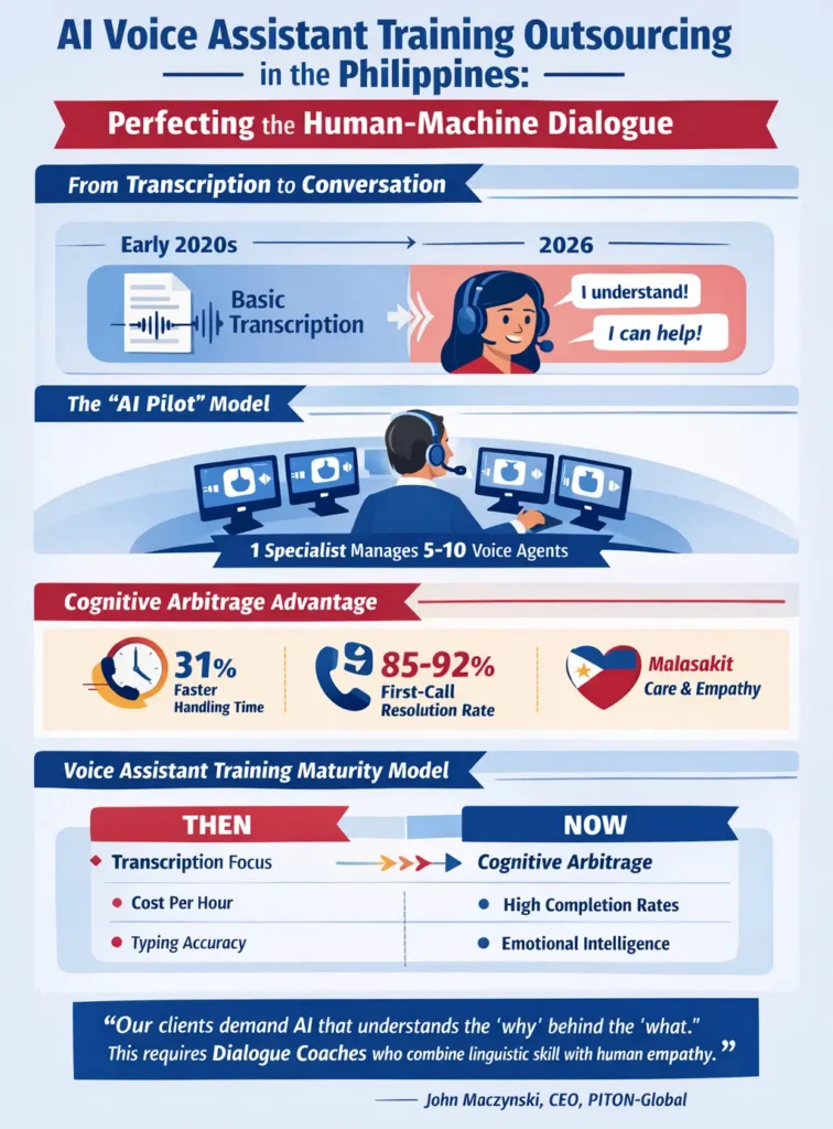 AI voice assistant training outsourcing in the Philippines showing Human-in-the-Loop AI Pilots refining conversational AI through intent recognition, dialogue management, emotional intelligence, and cognitive arbitrage to improve first-call resolution and voice bot performance.