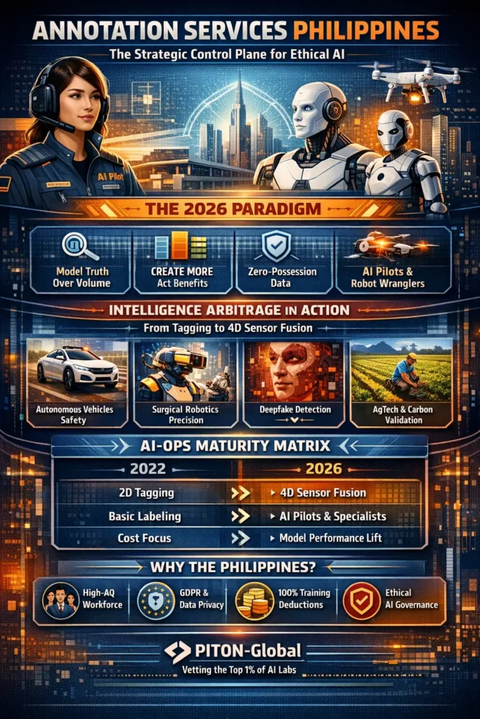 Infographic showing the evolution of annotation services in the Philippines from 2D labeling to 4D sensor fusion, highlighting AI Pilots, Intelligence Arbitrage, zero-possession data governance, and 2026 AI-ops maturity advancements