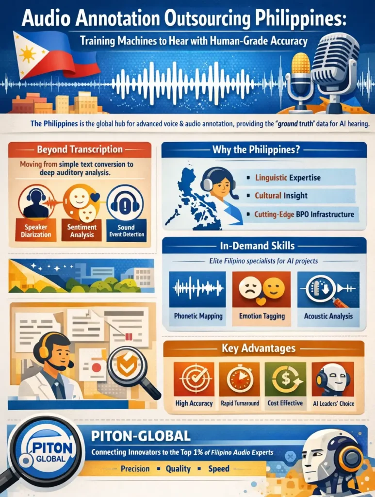 Infographic showing how audio annotation outsourcing in the Philippines improves voice AI accuracy through speaker diarization, emotion detection, acoustic event tagging, and human-in-the-loop AI training.
