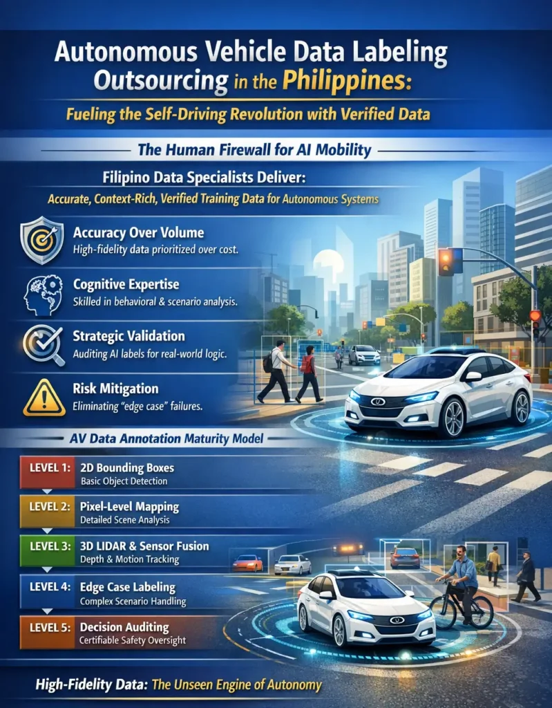 Infographic showing autonomous vehicle data labeling outsourcing in the Philippines, highlighting human-in-the-loop specialists verifying training data for self-driving cars, key benefits such as accuracy over volume, cognitive expertise, strategic validation, and risk mitigation, alongside a five-level AV data annotation maturity model from 2D bounding boxes to decision auditing for certifiable AI safety.