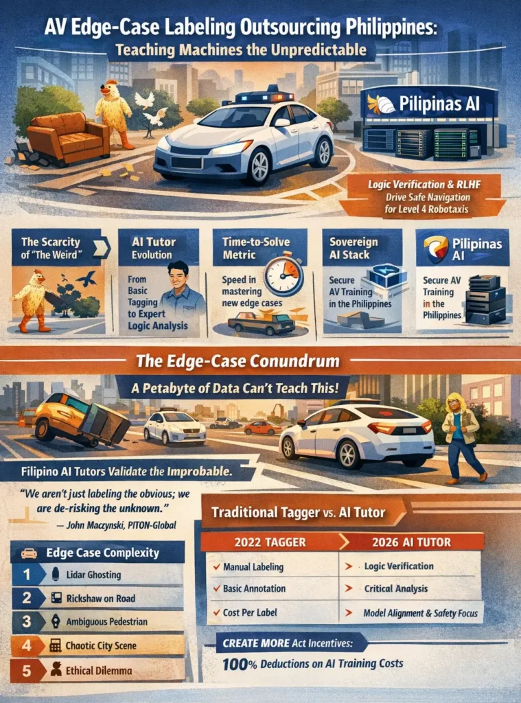 Autonomous vehicle edge-case labeling outsourcing in the Philippines showing AI Tutors applying logic verification and RLHF to rare driving scenarios to improve autonomous vehicle safety and reduce disengagement events.