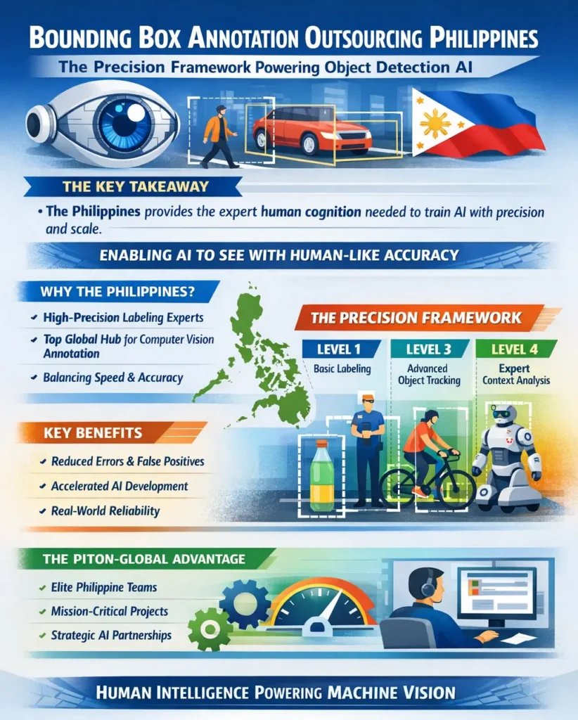 Infographic showing how bounding box annotation outsourcing in the Philippines improves object detection AI accuracy through precise labeling, contextual analysis, and human-in-the-loop computer vision training.