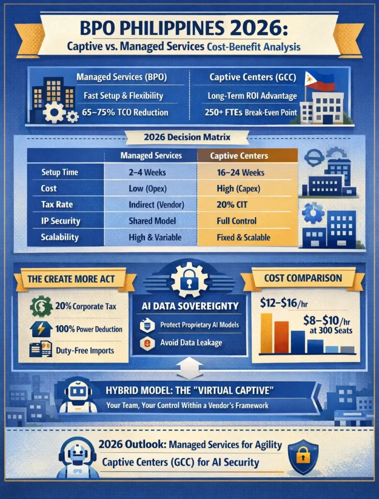 BPO Philippines captive vs managed services 2026 infographic comparing setup time, cost structure, AI sovereignty, and CREATE MORE Act tax benefits for global capability centers