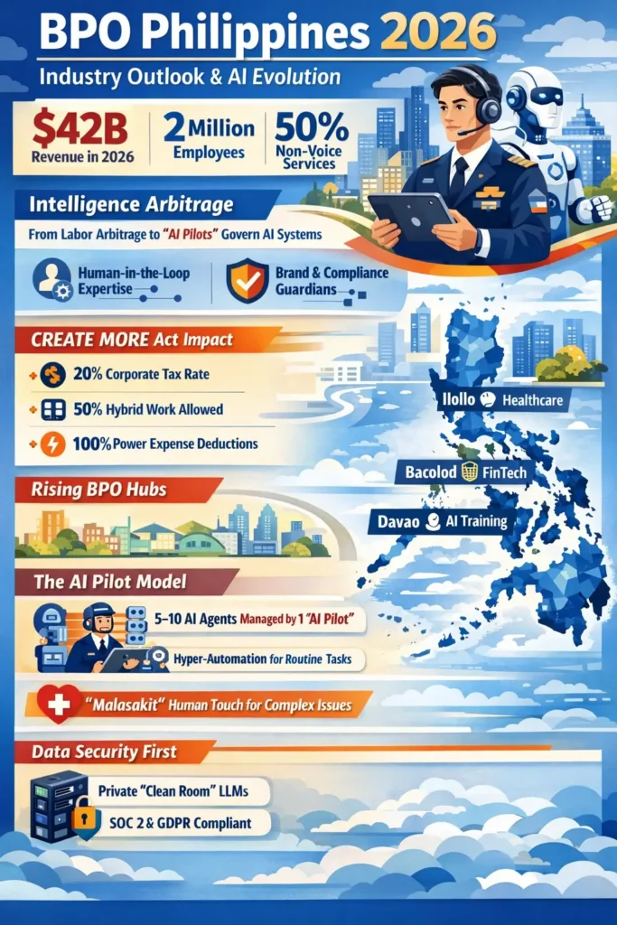 BPO Philippines 2026 infographic showing $42B industry revenue, 2M workforce, AI Pilot model, CREATE MORE Act benefits, and emerging outsourcing hubs like Iloilo, Bacolod, Cebu, and Davao.