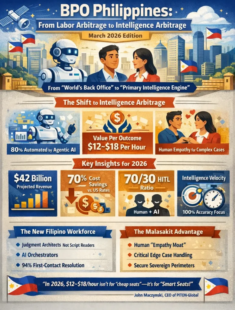 BPO Philippines Intelligence Arbitrage infographic showing the 2026 shift from labor arbitrage to AI-human hybrid operations, $12–$18 hourly cost model, 70/30 Human-in-the-Loop ratio, and the role of Filipino “Judgment Architects” managing Agentic AI.