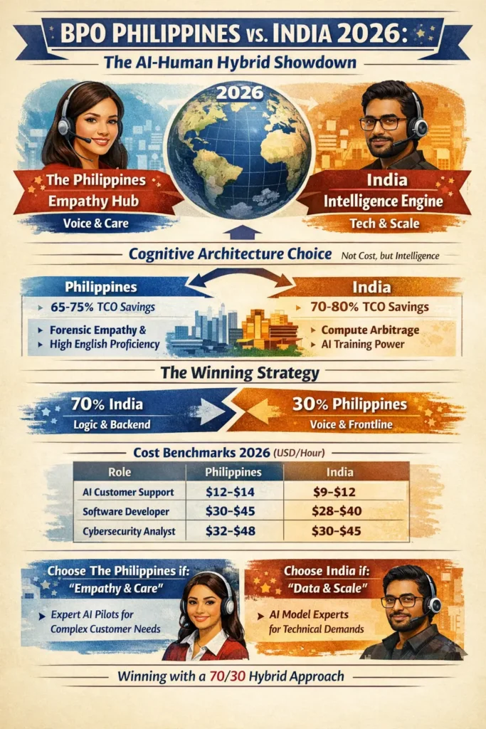 Infographic comparing BPO Philippines vs India in 2026 showing AI-human hybrid outsourcing strengths, cost benchmarks, empathy-driven CX in the Philippines, and India’s technical AI infrastructure scale.