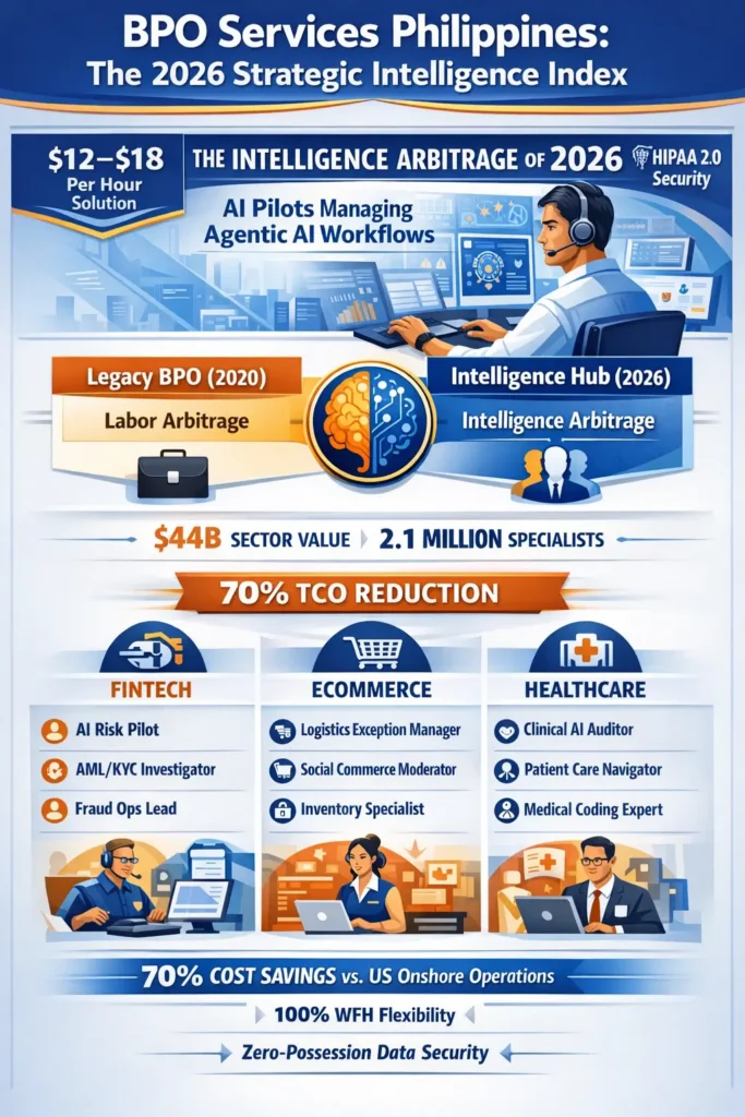 BPO Services Philippines 2026 infographic showing the shift to Intelligence Arbitrage, where Filipino AI Pilots manage Agentic AI workflows, delivering $12–$18/hour operations, 90%+ resolution rates, and 70% cost savings for fintech, ecommerce, healthcare, and insurance outsourcing.