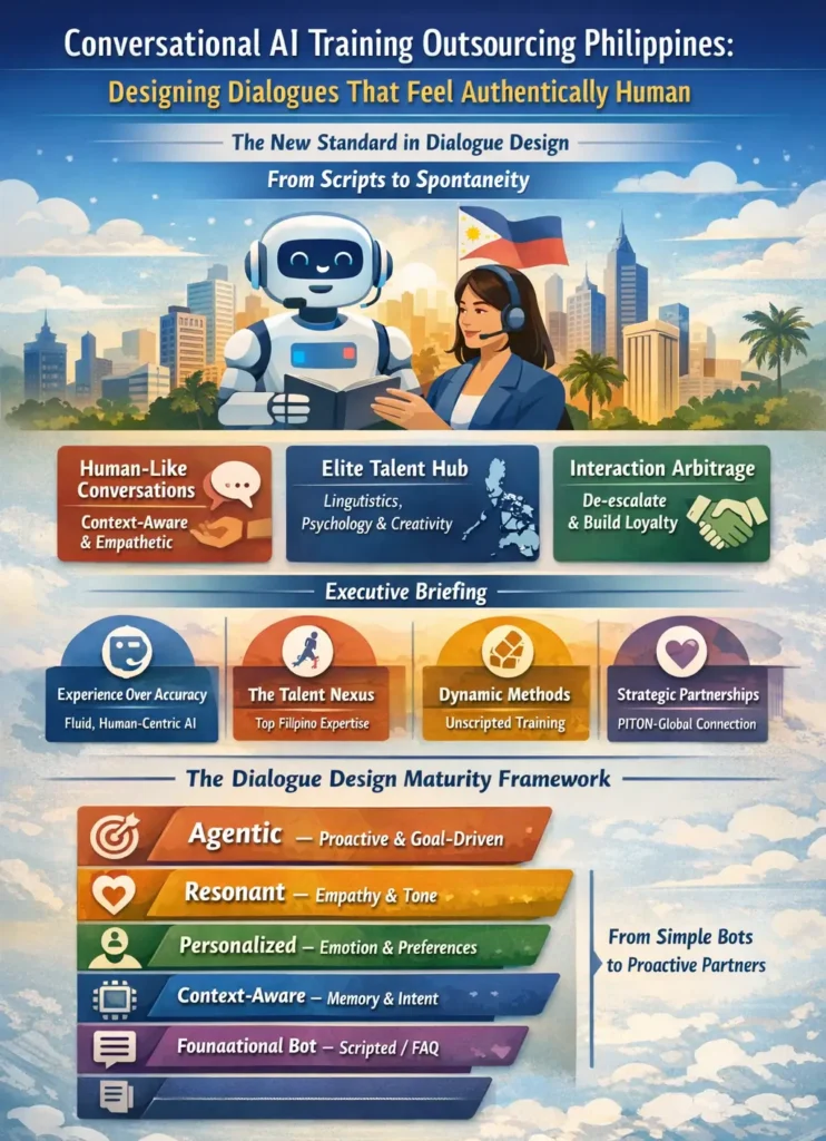 Infographic titled “Conversational AI Training Outsourcing Philippines: Designing Dialogues That Feel Authentically Human,” showing a robot and Filipino AI trainer with key sections on human-like conversations, elite talent in linguistics and psychology, interaction arbitrage, and a five-stage dialogue design maturity framework progressing from scripted bots to proactive agentic AI.
