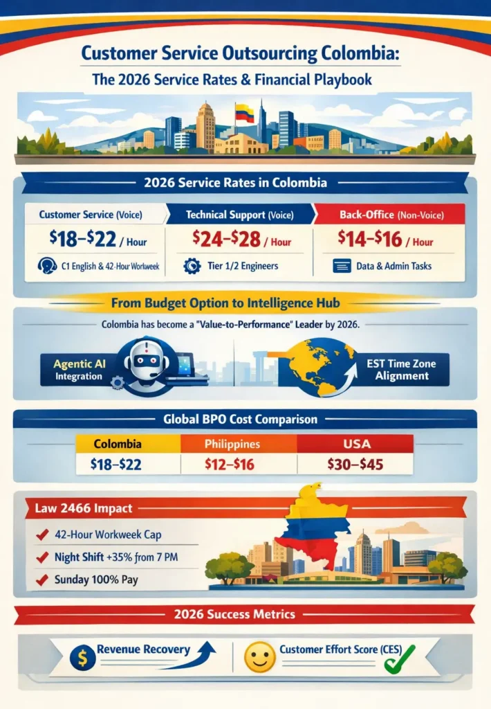 Infographic showing 2026 Colombia BPO service rates—$18–$22/hr for customer service, $24–$28/hr for technical support, and $14–$16/hr for back-office—along with Agentic AI infrastructure, global cost comparisons (Colombia vs Philippines vs USA), and key labor reforms under Law 2466.
