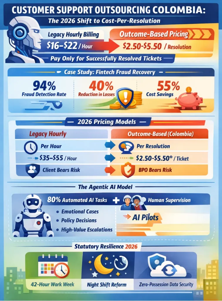 Customer support outsourcing in Colombia infographic showing the shift from hourly BPO pricing to cost-per-resolution models powered by Agentic AI, Colombian AI pilots, and outcome-based support operations.