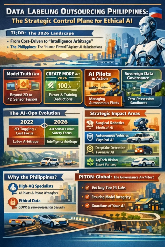 Infographic showing how data labeling outsourcing in the Philippines has evolved into a high-value AI discipline in 2026, highlighting intelligence arbitrage, AI pilots, 4D sensor fusion, sovereign data governance, and strategic applications like autonomous vehicles, surgical robotics, and deepfake detection.