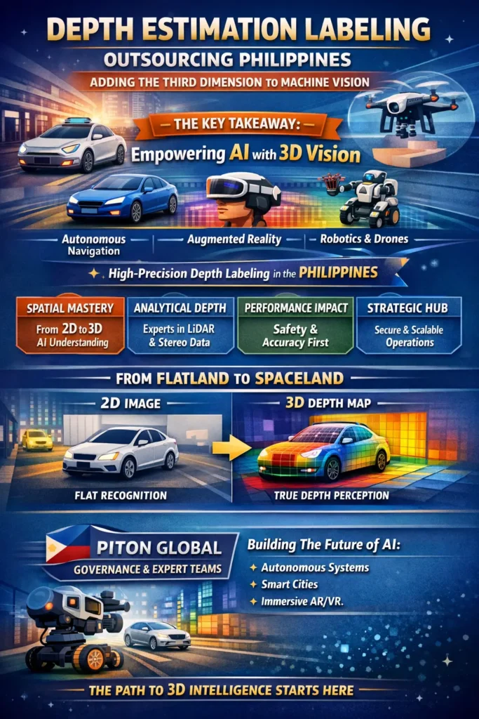 Infographic titled “Depth Estimation Labeling Outsourcing Philippines: Adding the Third Dimension to Machine Vision,” illustrating how Filipino specialists create high-precision 3D depth maps from LiDAR and stereo imagery to power autonomous navigation, robotics, and augmented reality. The graphic contrasts 2D image recognition with 3D depth perception and highlights spatial mastery, LiDAR expertise, safety-driven accuracy, and the Philippines as a strategic hub for advanced AI data annotation.