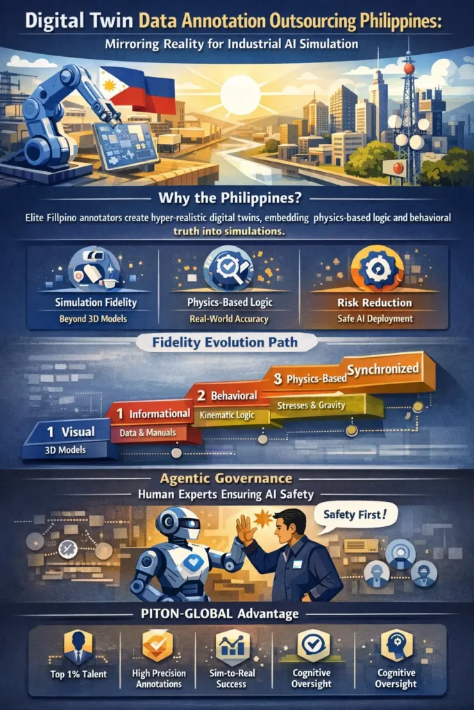 Infographic titled “Digital Twin Data Annotation Outsourcing Philippines: Mirroring Reality for Industrial AI Simulation,” showing robotic systems, industrial cities, and AI interfaces alongside key concepts including simulation fidelity, physics-based logic, risk reduction, the digital twin fidelity evolution path, agentic governance with human oversight, and the PITON-Global advantage powered by elite Filipino annotators.
