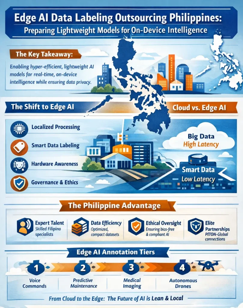 Infographic illustrating Edge AI data labeling outsourcing in the Philippines, highlighting lightweight AI models, smart data labeling, hardware-aware annotation, governance and ethics, comparison of cloud vs edge AI, and annotation tiers for applications like voice assistants, predictive maintenance, medical imaging, and autonomous drones.

