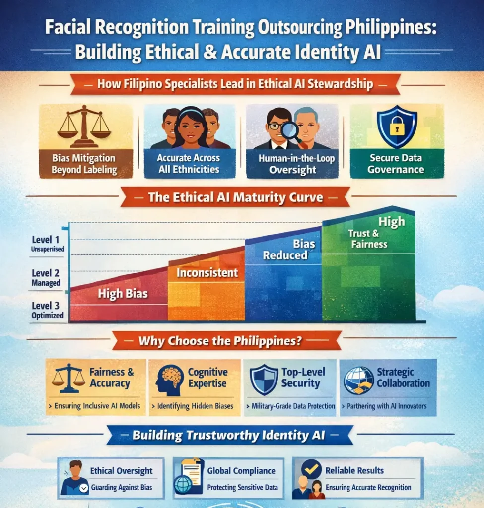 Infographic titled “Facial Recognition Training Outsourcing Philippines: Building Ethical & Accurate Identity AI,” illustrating bias mitigation, demographic accuracy, human-in-the-loop oversight, secure biometric data governance, the ethical AI maturity curve from high bias to high trust, and why Philippine specialists lead in responsible identity AI development.