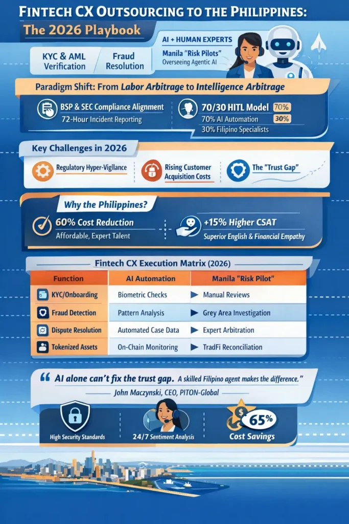 Fintech customer experience management outsourcing to the Philippines in 2026 showing the Human-in-the-Loop model where Filipino risk pilots oversee AI for KYC, fraud detection, disputes, and tokenized asset monitoring.