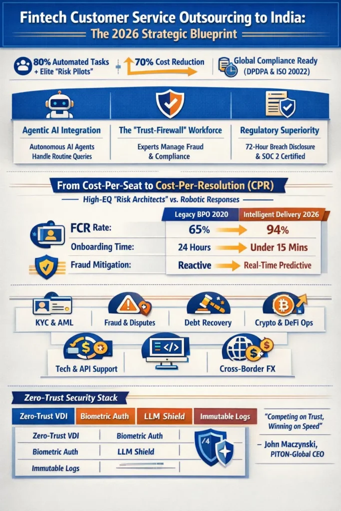 Infographic titled “Fintech Customer Service Outsourcing to India: The 2026 Strategic Blueprint” highlighting Agentic AI automation, India’s fintech risk-management workforce, 70% cost reduction, improved resolution metrics, and a zero-trust security stack including biometric authentication, LLM safeguards, and immutable audit logs.
