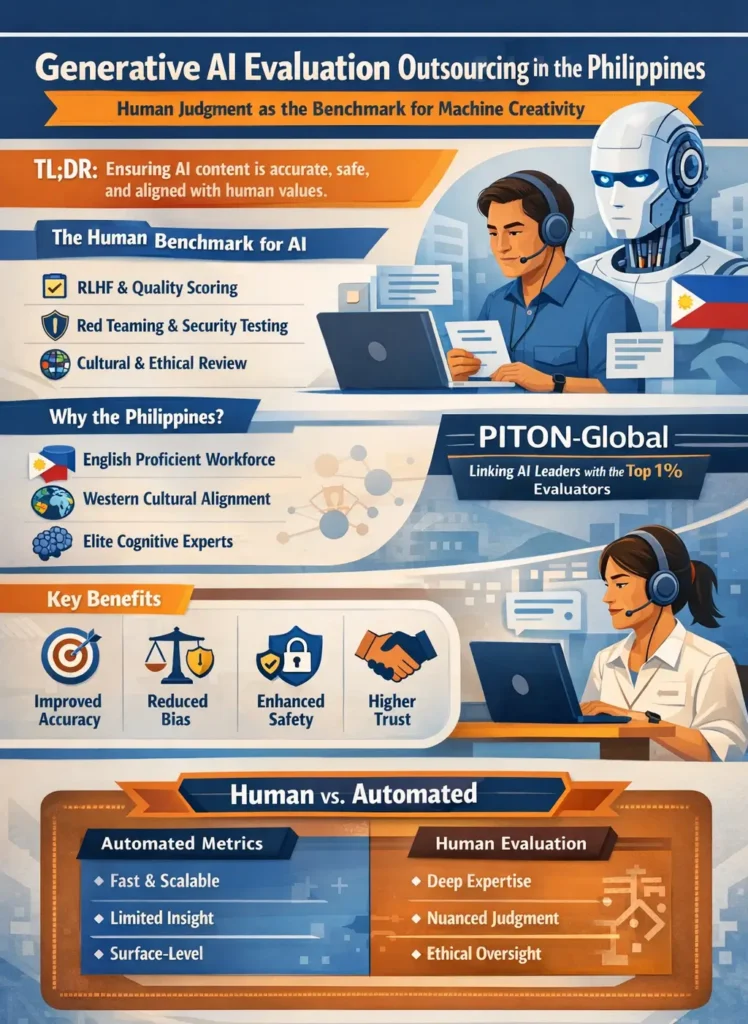 Infographic titled “Generative AI Evaluation Outsourcing in the Philippines: Human Judgment as the Benchmark for Machine Creativity,” illustrating Filipino AI evaluators reviewing AI outputs, highlighting RLHF, red teaming, cultural review, and comparing human evaluation versus automated metrics for ensuring safe and accurate generative AI.
