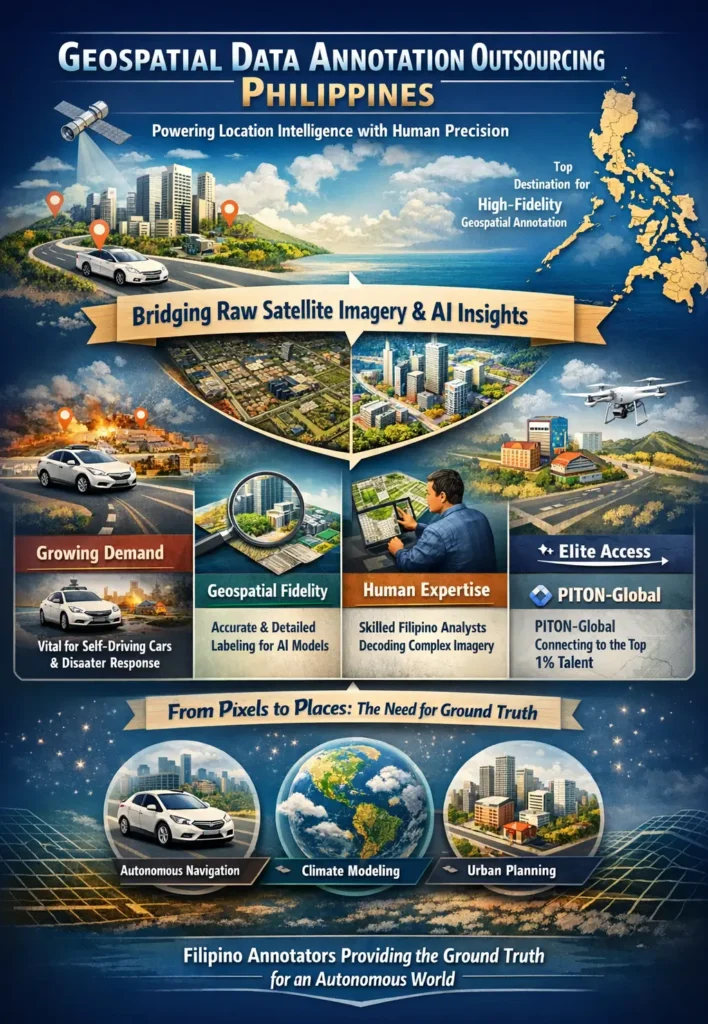 Infographic showing how geospatial data annotation outsourcing in the Philippines powers AI location intelligence through satellite imagery labeling, human-in-the-loop verification, and high-precision spatial data used for autonomous navigation, climate modeling, and urban planning.
