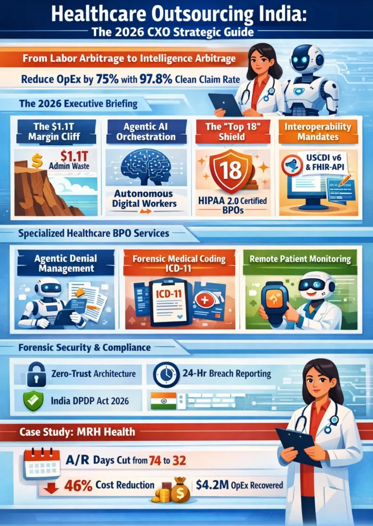 Healthcare outsourcing India 2026 infographic showing Agentic AI healthcare BPO model with 75% cost reduction, 97.8% clean claim rate, and HIPAA-compliant revenue cycle management services.