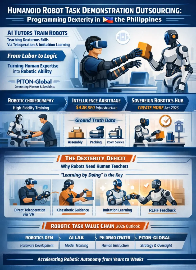 Humanoid robot task demonstration outsourcing in the Philippines showing AI Tutors using teleoperation and imitation learning to train humanoid robots in complex physical tasks through Human-in-the-Loop robotic choreography.