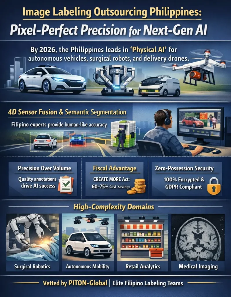 Image labeling outsourcing in the Philippines infographic showing 4D sensor fusion, pixel-level semantic segmentation, cost savings under CREATE MORE Act, zero-possession data security, and high-complexity AI applications like autonomous vehicles and medical imaging.