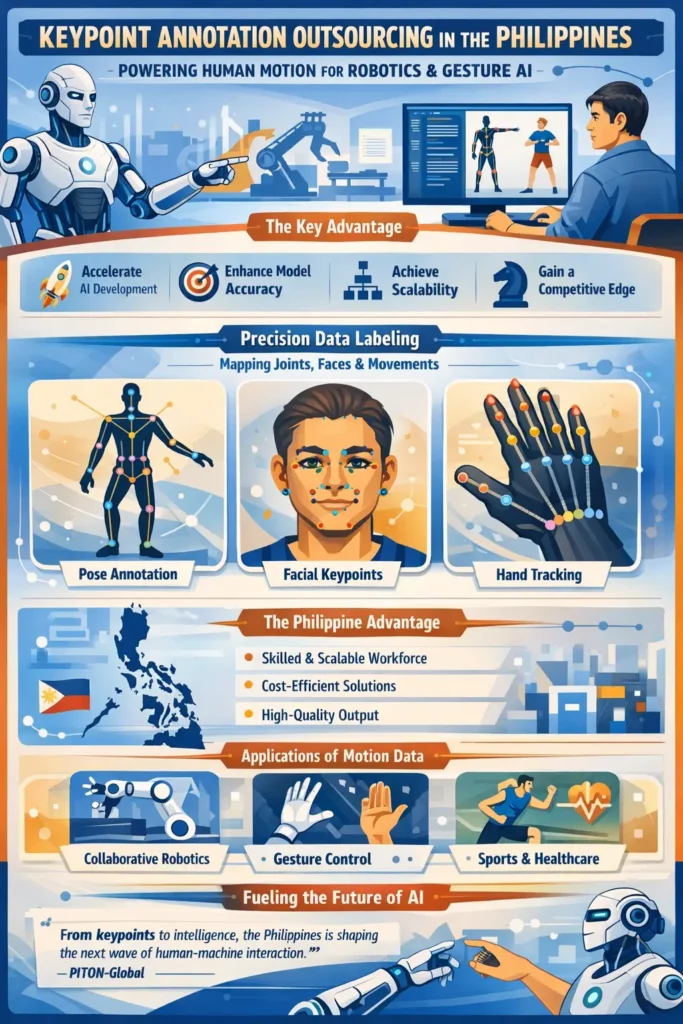 Keypoint annotation outsourcing in the Philippines illustrating human pose landmark mapping for robotics, gesture recognition, and AI motion tracking using skeletal keypoints across video frames.