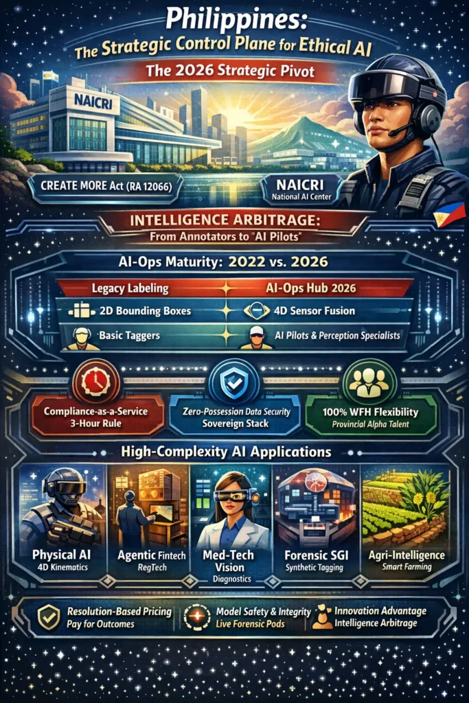 Infographic showing Philippines labeling services evolving into AI-Ops governance in 2026, highlighting AI Pilots, 4D sensor fusion, CREATE MORE Act benefits, zero-possession data architecture, and high-complexity AI applications like fintech, med-tech, and physical AI.