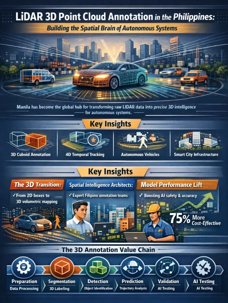 LiDAR 3D point cloud annotation outsourcing in Manila showing Filipino spatial intelligence experts labeling 3D cuboids and segmenting LiDAR point clouds to train autonomous vehicles, robotics, and smart city AI systems.