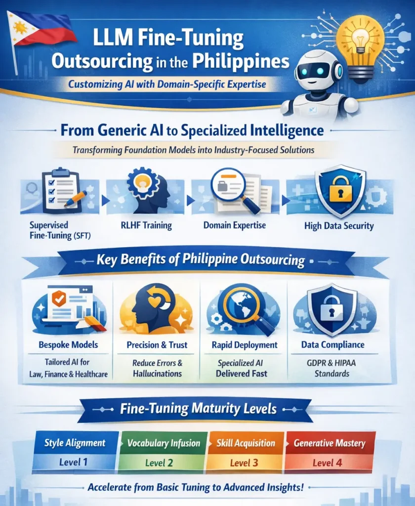 LLM fine-tuning outsourcing in the Philippines illustrating how foundation AI models are customized using supervised fine-tuning (SFT), reinforcement learning from human feedback (RLHF), and expert human-in-the-loop validation.