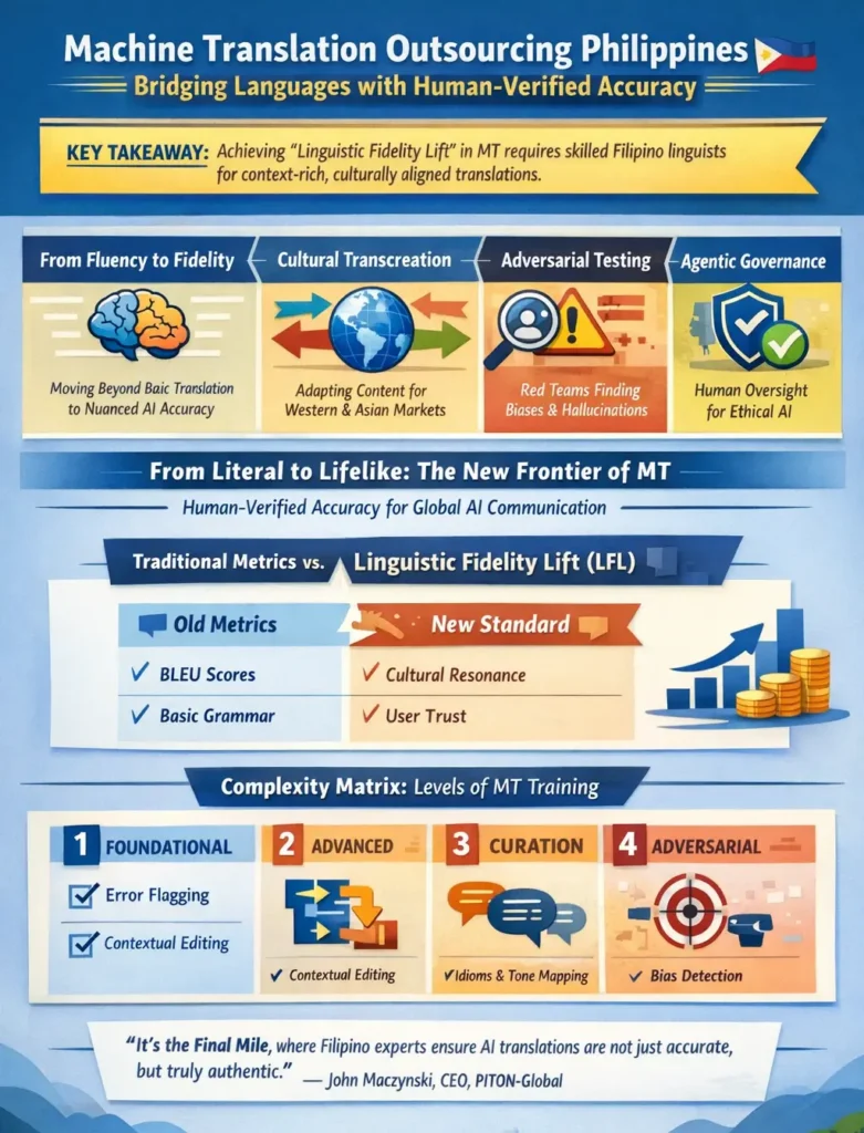 Machine translation training outsourcing in the Philippines infographic illustrating human-in-the-loop verification, cultural transcreation, adversarial linguistic testing, and AI language model refinement.