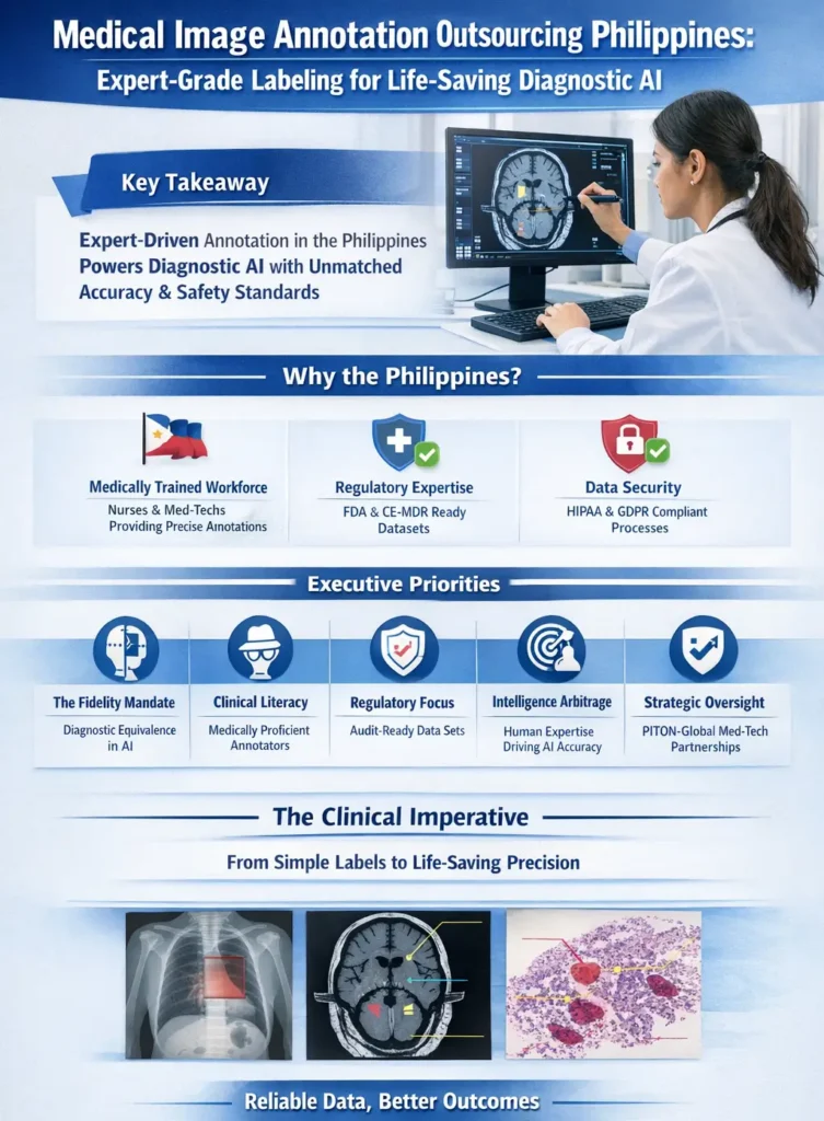 Infographic titled “Medical Image Annotation Outsourcing Philippines: Expert-Grade Labeling for Life-Saving Diagnostic AI,” showing a medical professional annotating an MRI scan alongside sections explaining key advantages such as medically trained annotators, FDA-ready datasets, data security compliance, clinical literacy, intelligence arbitrage, and the role of Philippine experts in delivering high-precision training data for diagnostic AI.
