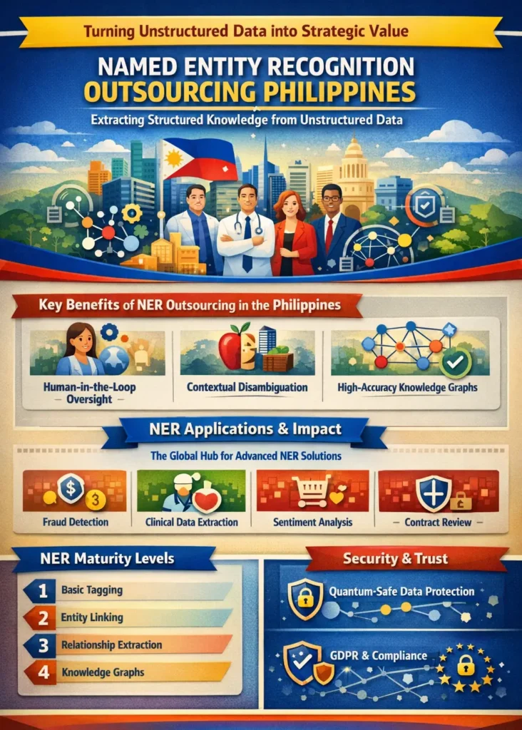 Named entity recognition outsourcing in the Philippines infographic showing human-in-the-loop entity extraction, contextual disambiguation, and knowledge graph creation from unstructured data.