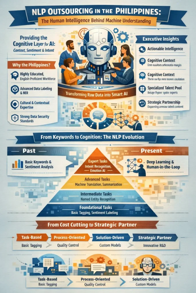 Natural language processing outsourcing in the Philippines infographic showing how Filipino linguistic experts perform intent recognition, sentiment analysis, and named entity recognition to train human-in-the-loop NLP models.