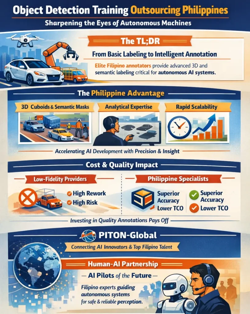 Infographic titled “Object Detection Training Outsourcing Philippines: Sharpening the Eyes of Autonomous Machines,” illustrating how Filipino AI annotators improve machine vision through advanced 3D cuboids, semantic segmentation, and high-precision annotation, comparing low-fidelity providers with Philippine specialists and emphasizing faster AI development, higher accuracy, and lower total cost of ownership through human-AI collaboration.

