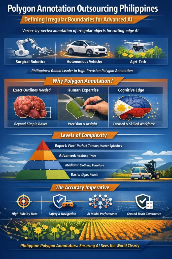 Polygon annotation outsourcing in the Philippines showing precise vertex-by-vertex object boundary labeling used to train advanced computer vision and machine learning models.
