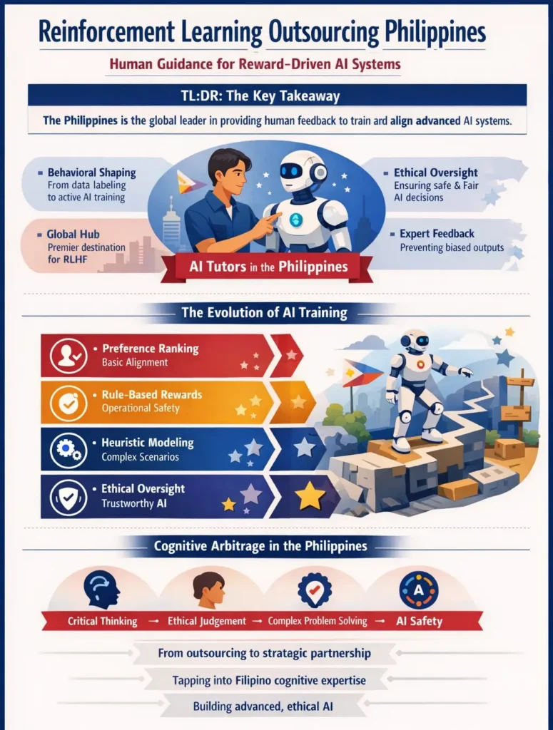 Infographic illustrating reinforcement learning outsourcing in the Philippines, showing Filipino AI tutors guiding robots and AI systems through RLHF processes such as preference ranking, rule-based rewards, heuristic modeling, and ethical oversight to ensure safe and aligned AI behavior.
