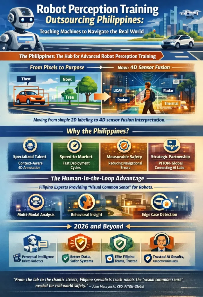 Infographic titled “Robot Perception Training Outsourcing Philippines: Teaching Machines to Navigate the Real World,” illustrating the shift from basic 2D image labeling to advanced 4D sensor fusion (LiDAR, radar, thermal), highlighting Filipino specialists providing contextual annotation, behavioral analysis, edge-case detection, and human-in-the-loop validation to improve robotic navigation safety and AI deployment.