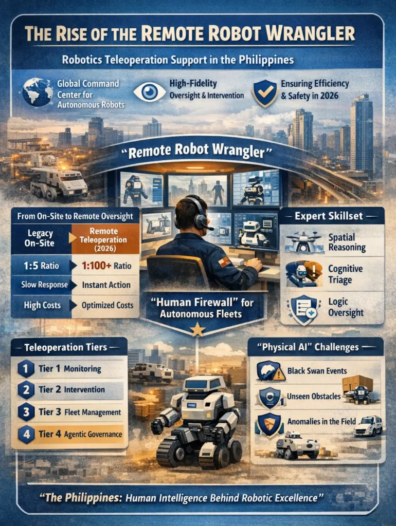 Robotics teleoperation support outsourcing in the Philippines showing Remote Robot Wranglers monitoring and controlling autonomous robot fleets through Human-in-the-Loop governance and real-time AI intervention.