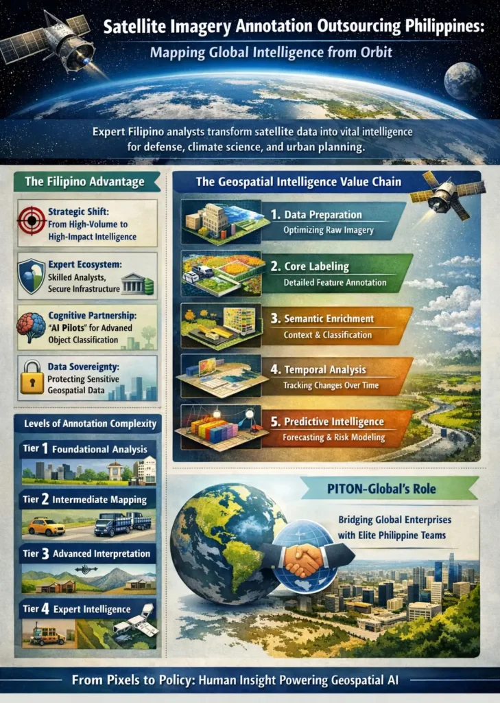 Infographic titled “Satellite Imagery Annotation Outsourcing Philippines: Mapping Global Intelligence from Orbit,” showing how Filipino analysts convert satellite imagery into geospatial intelligence through stages like data preparation, core labeling, semantic enrichment, temporal analysis, and predictive modeling, alongside tiers of annotation complexity and the strategic role of Philippine experts in AI-driven mapping.