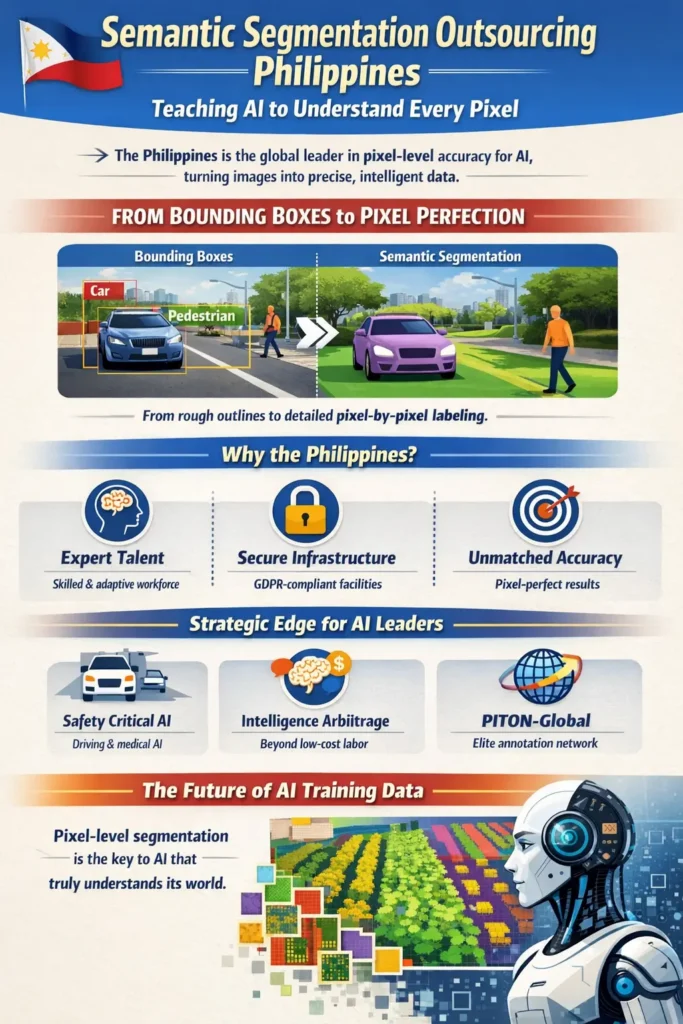 Semantic segmentation outsourcing in the Philippines showing pixel-level AI image labeling where every pixel is classified to train autonomous driving, medical imaging, and advanced computer vision systems.