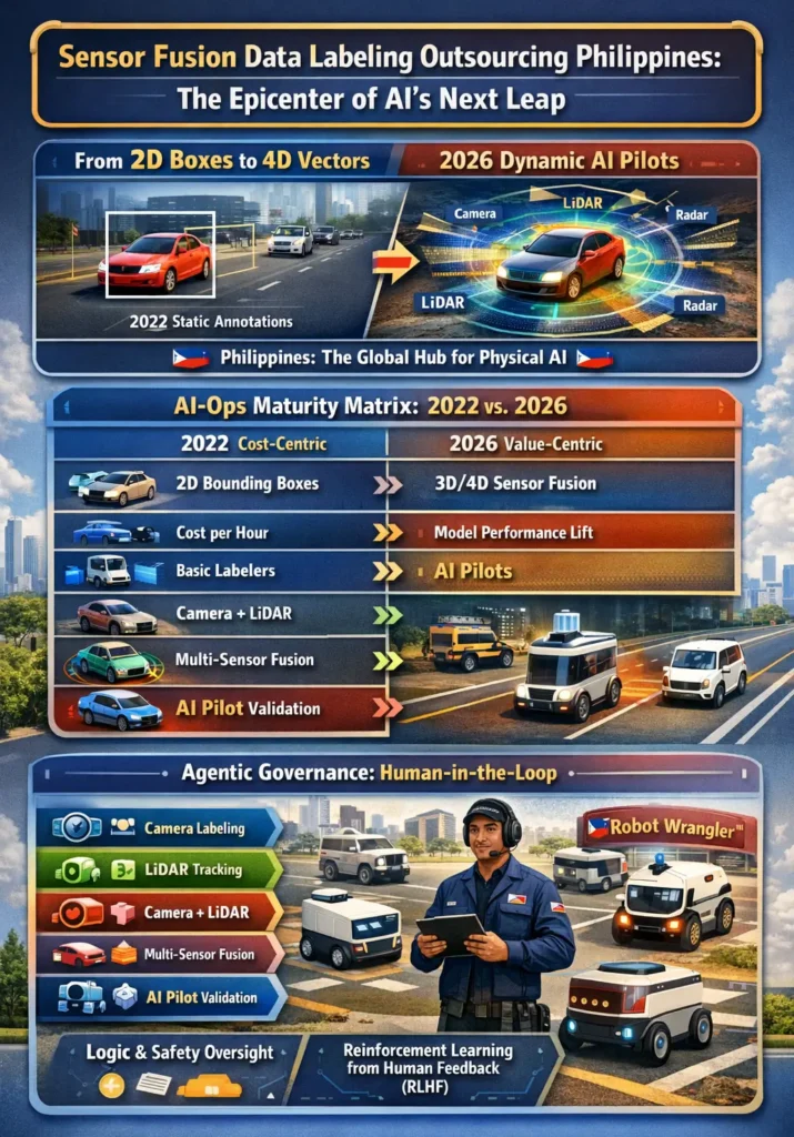 Sensor fusion data labeling outsourcing in the Philippines illustrating Human-in-the-Loop AI Pilots annotating multi-modal datasets including LiDAR point clouds, radar signals, and camera feeds to train autonomous vehicles and physical AI systems.