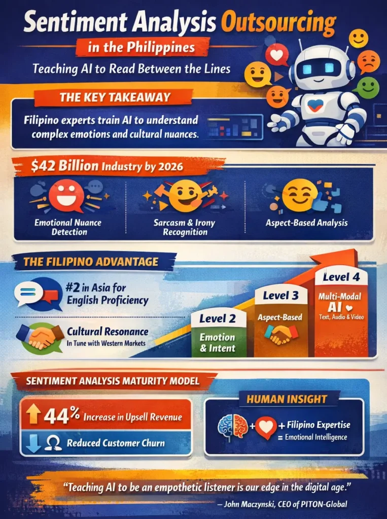 Sentiment analysis training outsourcing in the Philippines infographic showing human-in-the-loop annotation for emotion detection, sarcasm recognition, aspect-based sentiment analysis, and multi-modal AI training.