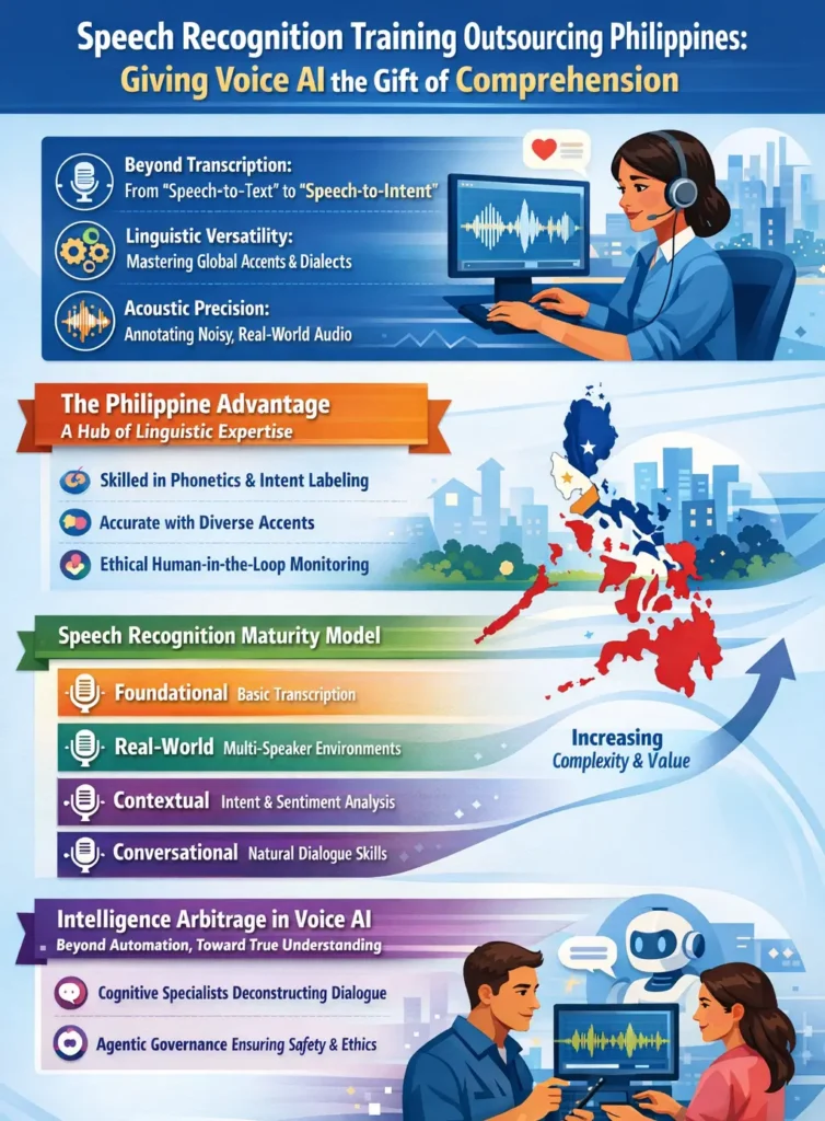 Speech recognition training outsourcing in the Philippines infographic illustrating phonetic labeling, speaker diarization, intent recognition, and Human-in-the-Loop governance used to train advanced Voice AI systems.