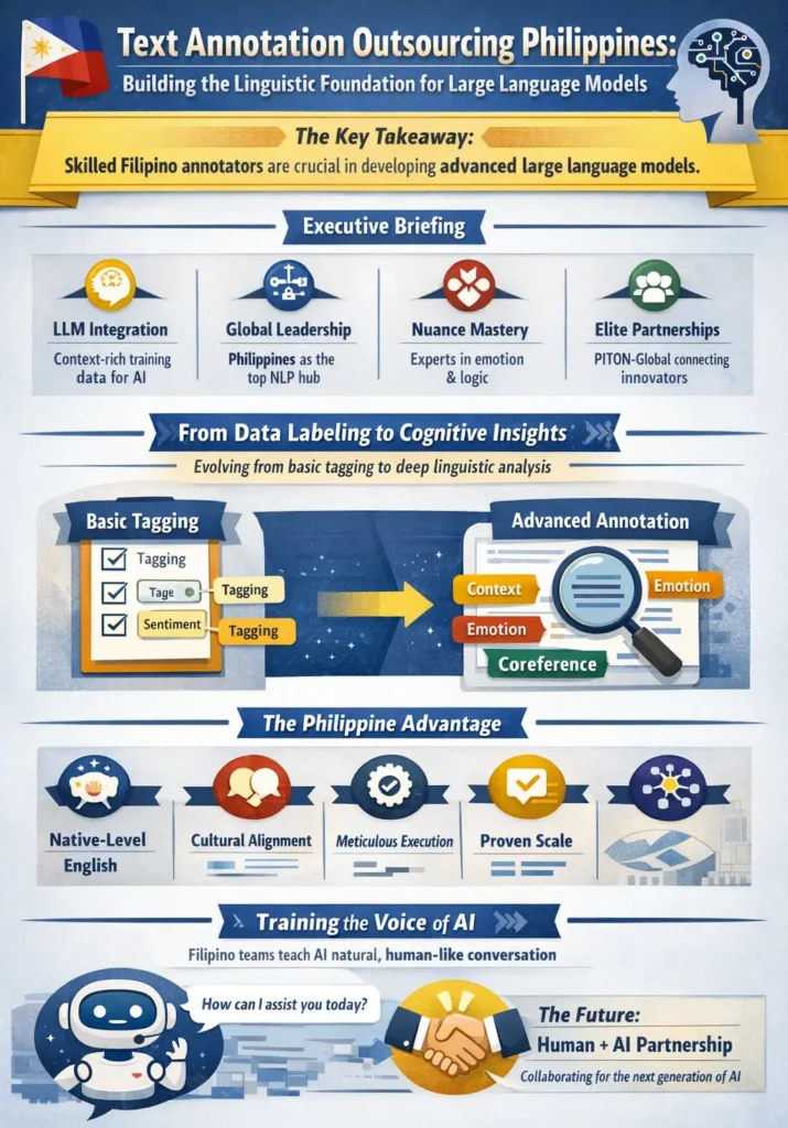 Text annotation outsourcing to the Philippines enabling large language model training through linguistic analysis, entity recognition, emotion mapping, and Human-in-the-Loop AI data annotation.