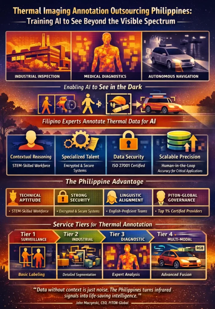 Infographic titled “Thermal Imaging Annotation Outsourcing Philippines: Training AI to See Beyond the Visible Spectrum,” showing thermal heat-map visuals of industrial facilities, a human body for medical diagnostics, and an autonomous vehicle at night, alongside sections highlighting contextual reasoning, specialized Filipino STEM talent, ISO 27001 data security, scalable human-in-the-loop annotation, the Philippine advantage, and four service tiers ranging from basic surveillance labeling to advanced multi-modal sensor fusion.