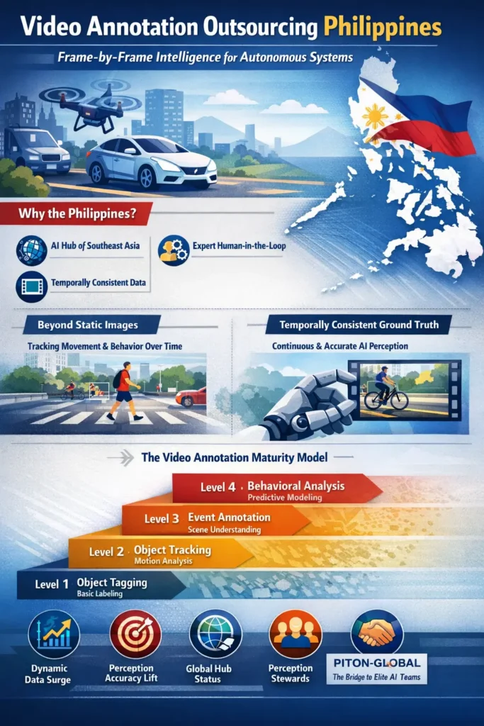 Infographic illustrating how video annotation outsourcing in the Philippines delivers frame-by-frame intelligence through object tracking, event tagging, temporal consistency, and human-in-the-loop analysis for autonomous AI systems.